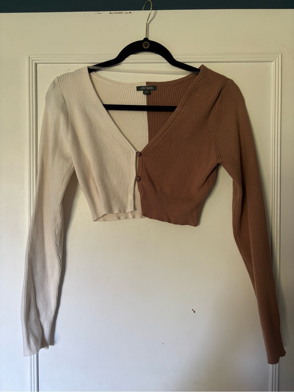 wild fable Two-Tone Ribbed Cropped Cardigan — Cream & Brown